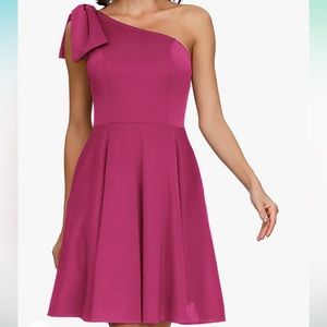 NEW One Shoulder Dress with Pockets A-line Cocktail Party Dress,Rose Red,Magenta